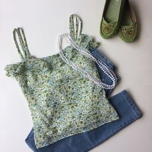 Zara Basic Green Flowered Ruffle Tank Top Sz. S